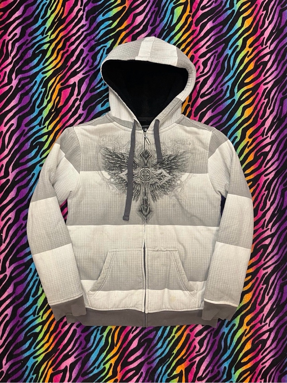 Y2k vintage emo grunge Hybrid Striped Zip Up with Cross Wing Graphic